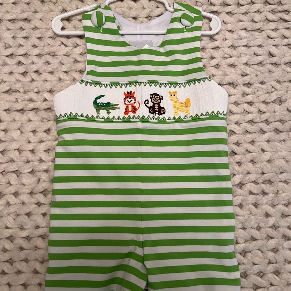 18m Green and White Striped knit animal Romper